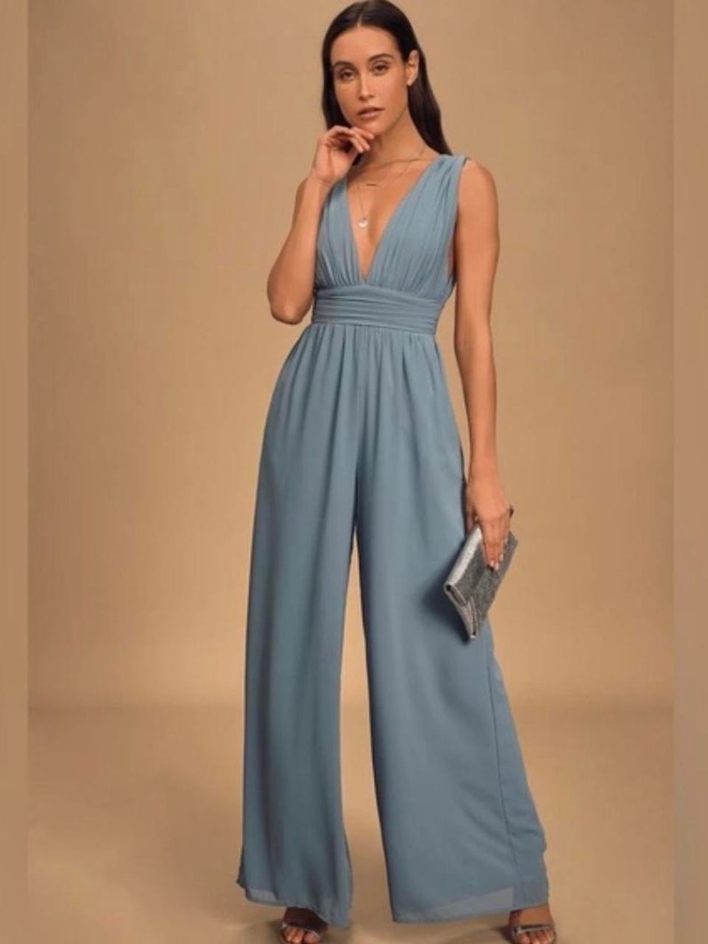Sleeveless V-Neck Wide-Leg Jumpsuit in Dusty Blue